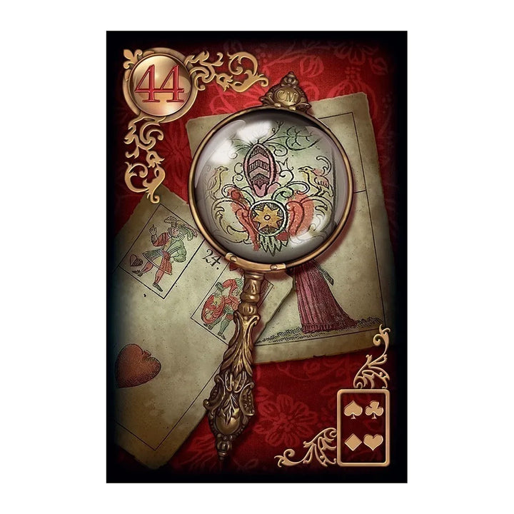 Card 44 from the Gilded Reverie Lenormand Expanded Edition, showing a magnifying glass