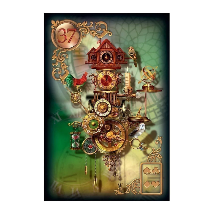 Card 37 from the Gilded Reverie Lenormand Expanded Edition, showing an ornate clock