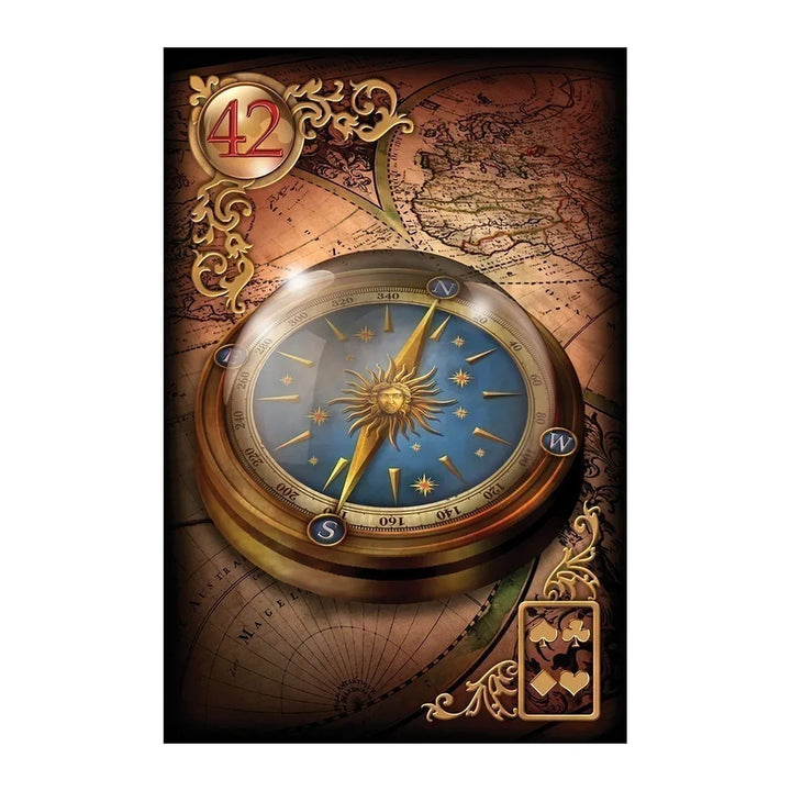 Card 42 from the Gilded Reverie Lenormand Expanded Edition, showing a compass on a map