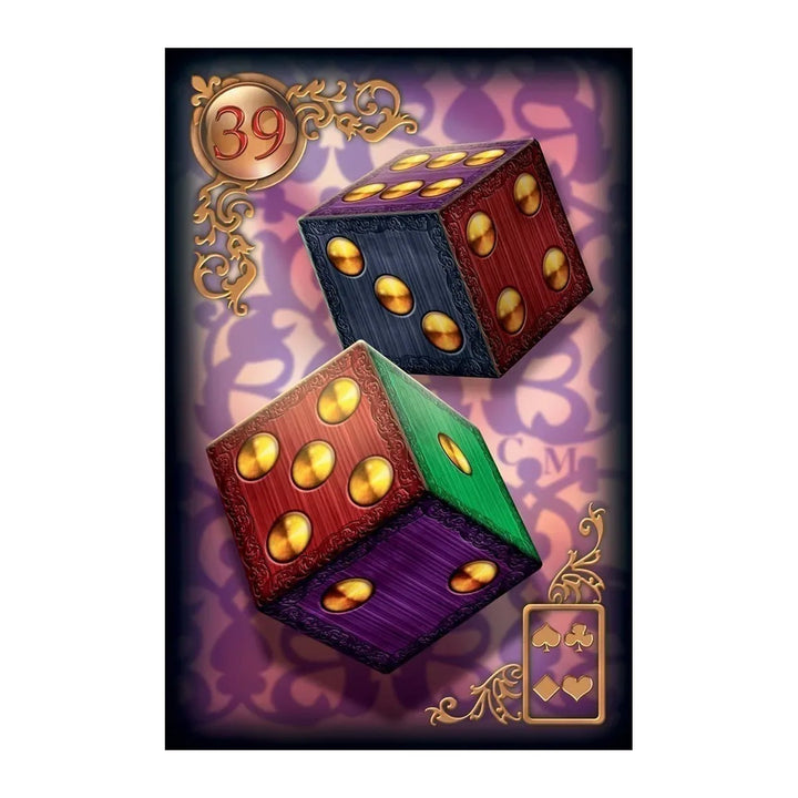 Card 39 from the Gilded Reverie Lenormand Expanded Edition, showing a pair of dice