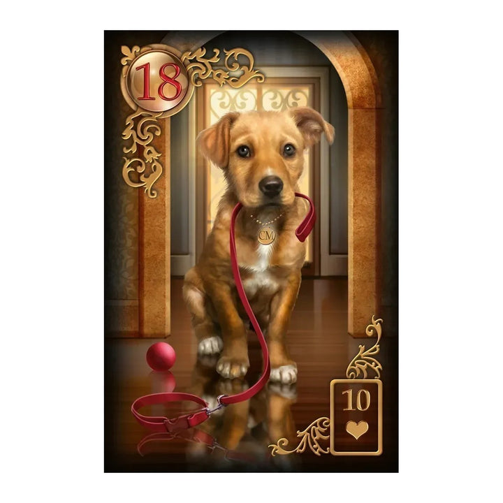 Card 18 from the Gilded Reverie Lenormand Expanded Edition, showing a puppy with a red leash