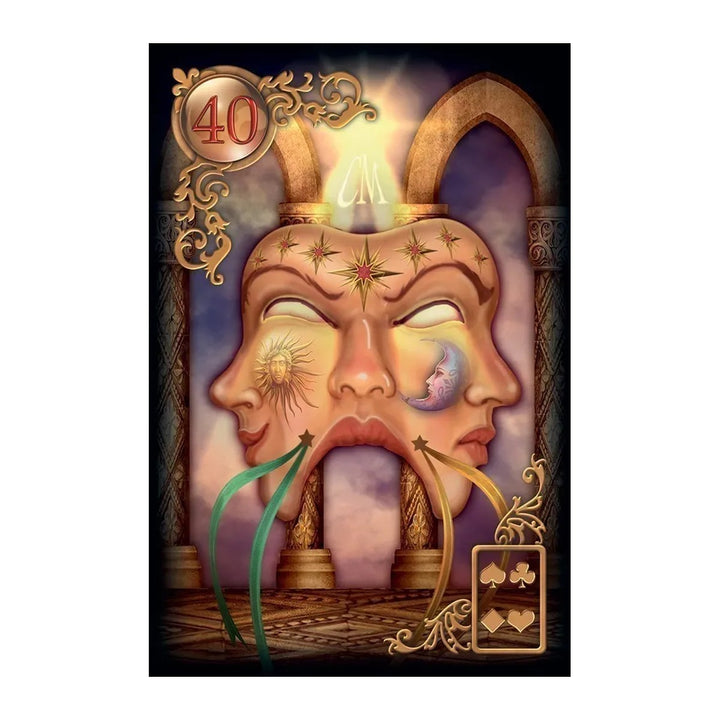 Card 40 from the Gilded Reverie Lenormand Expanded Edition, showing a sun and moon mask