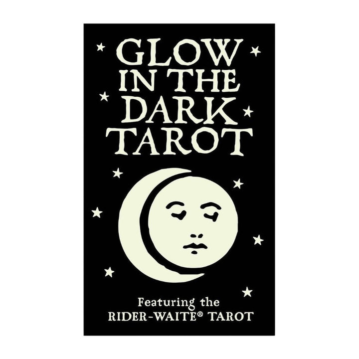 Glow in the Dark Tarot box front, featuring the Rider-Waite Tarot, with a crescent moon face