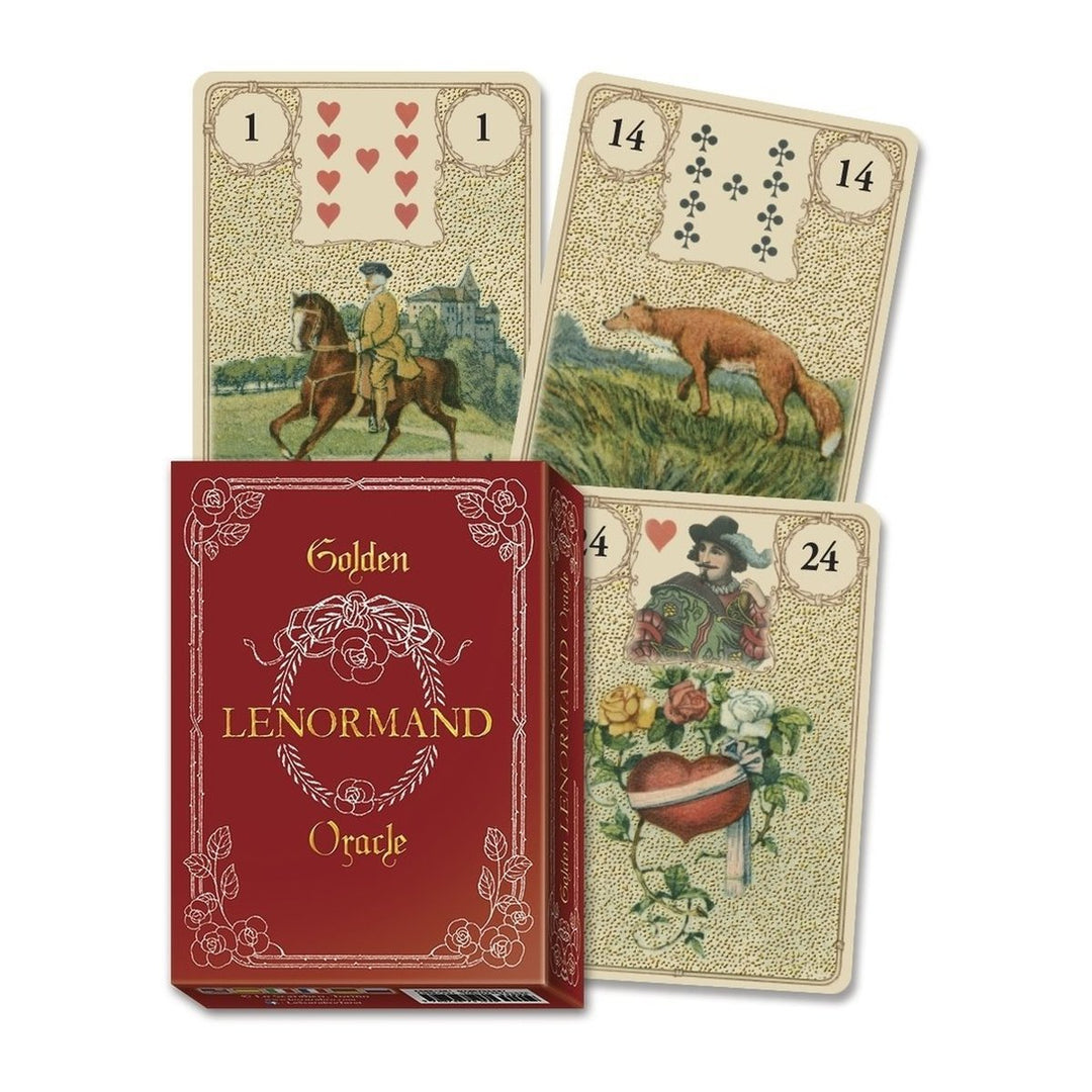 Golden Lenormand Oracle red box with four cards