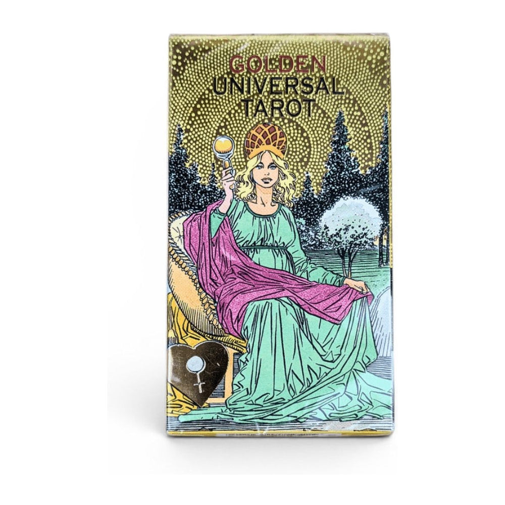 Golden Universal Tarot box side, showing The Empress