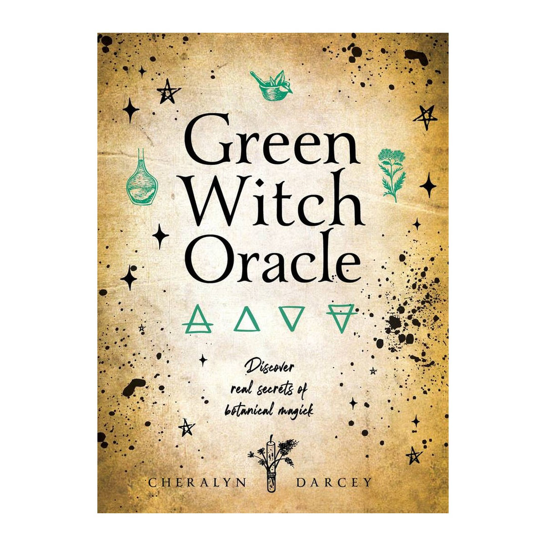 Green Witch Oracle box front by Cheralyn Darcey, with botanical symbols on aged paper