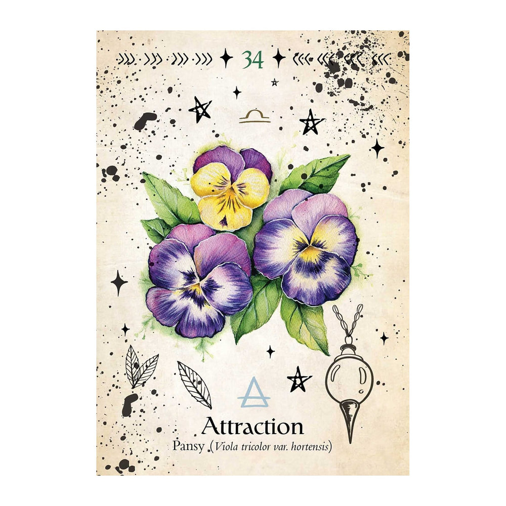 Attraction card from the Green Witch Oracle, showing purple and yellow pansies