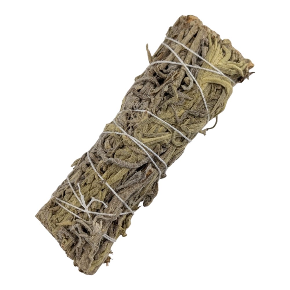 Bundled green sage smudge stick on a white background available today at Barrie crystal store