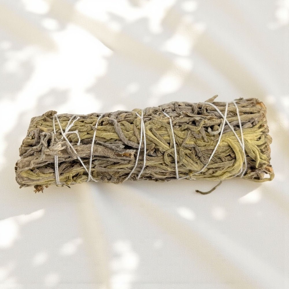 Bundled green sage smudge stick on a white background