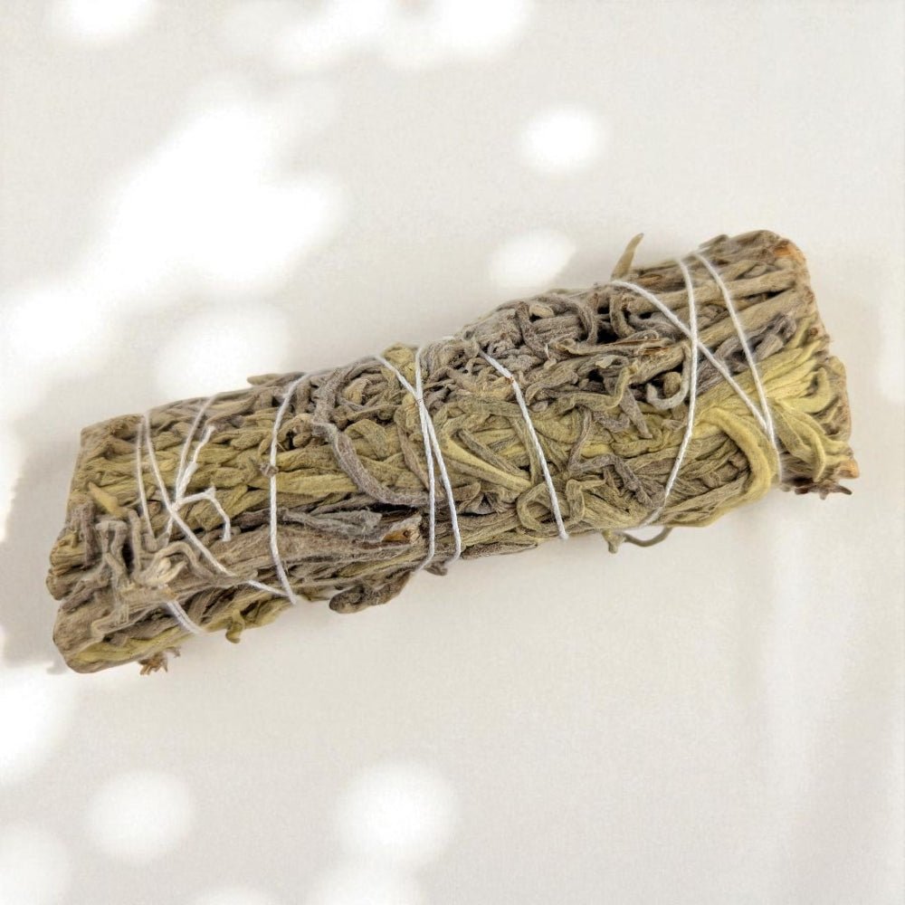 Bundled green sage smudge stick on a white background order from canadian metaphysical store
