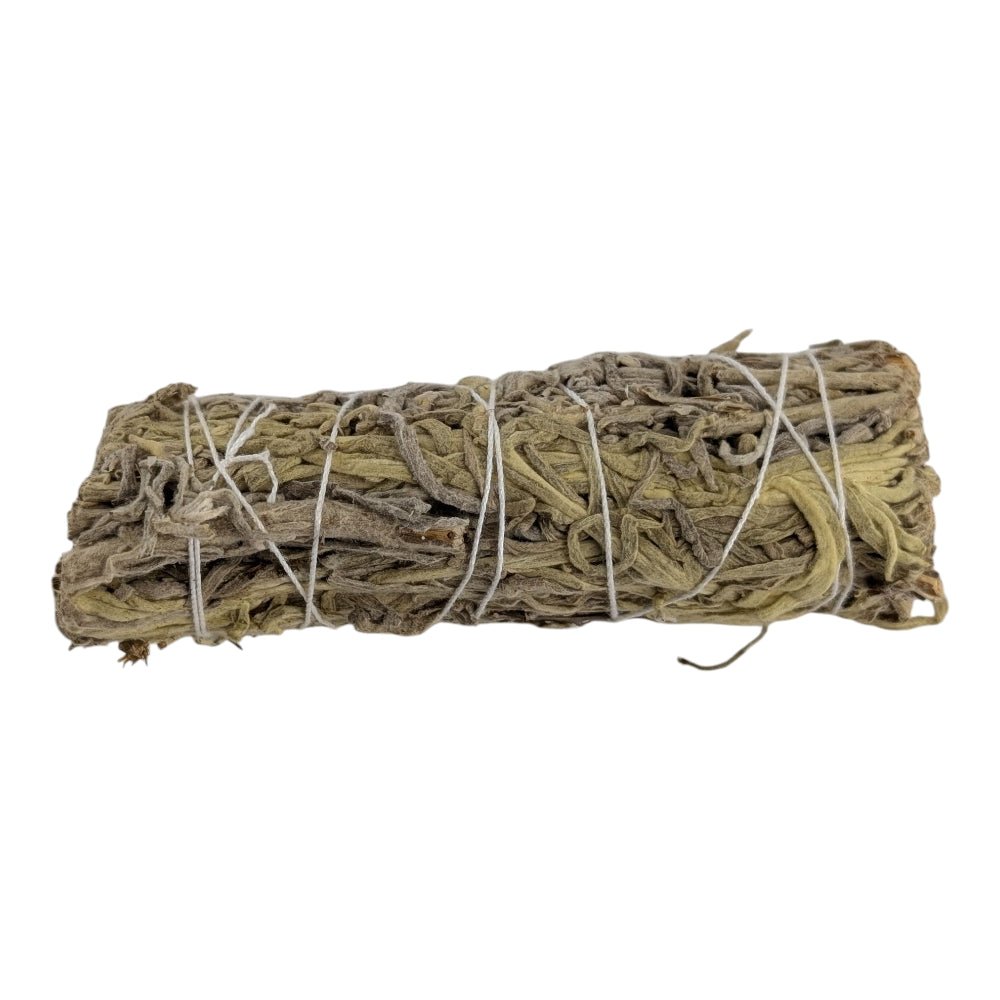 Bundled green sage smudge stick on a white background sourced by zen collection metaphysical store in barrie