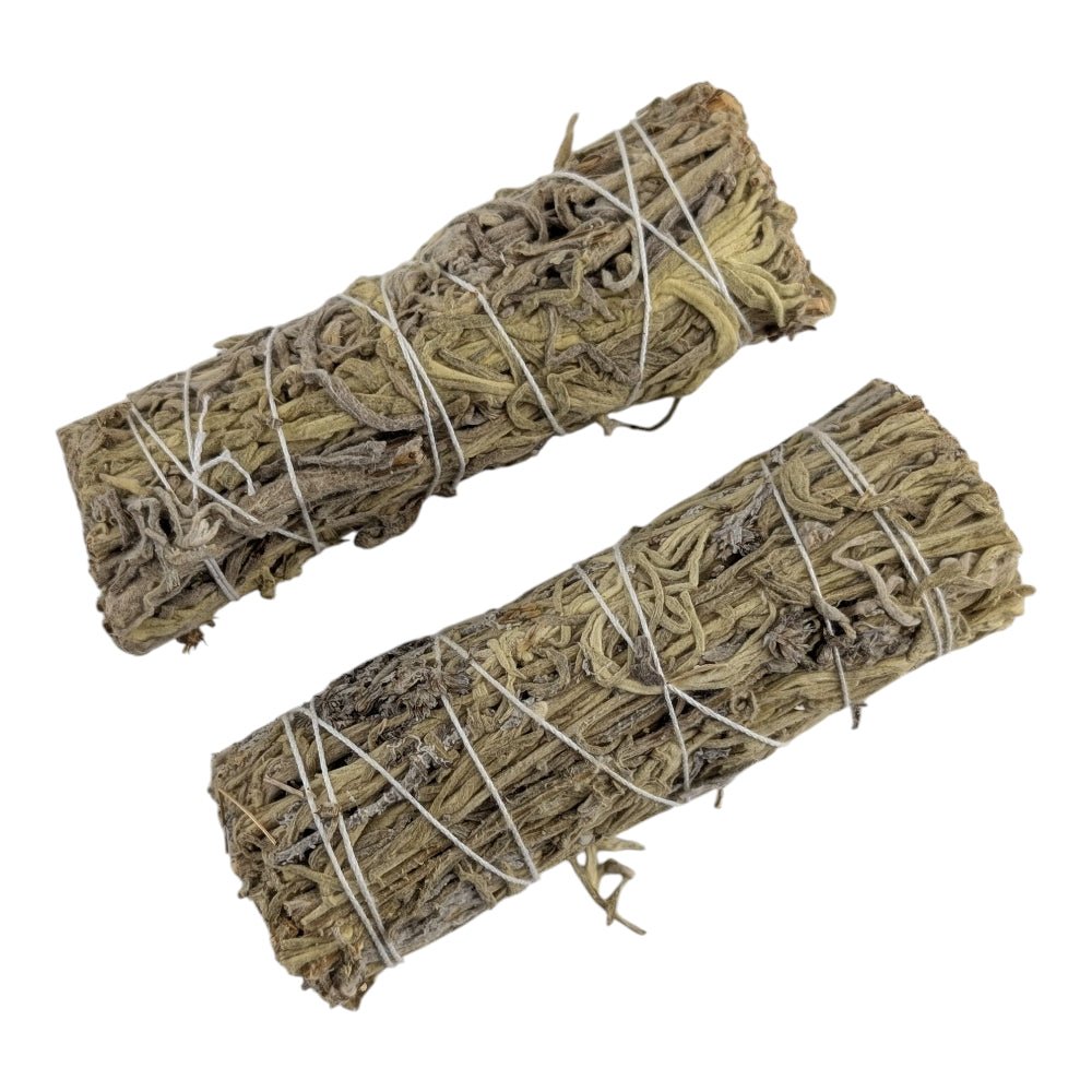Two bundles of green  sage tied with twine on a white background sourced by canadian crystal store in barrie