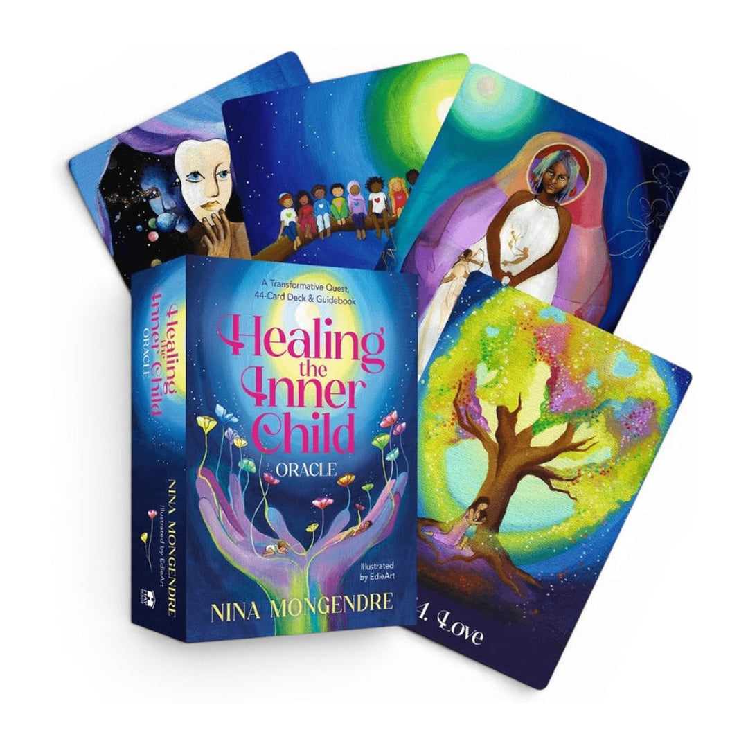Healing the Inner Child Oracle deck box by Nina Mongendre, with the Love card and three more