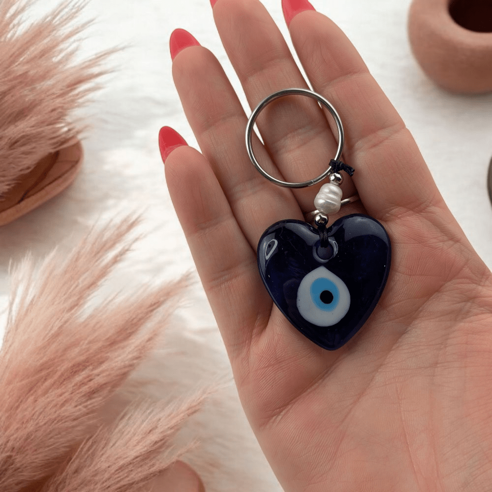 Heart evil eye keychain with blue glass