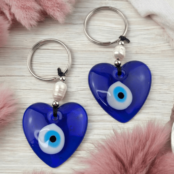 Heart-shaped blue evil eye keyring