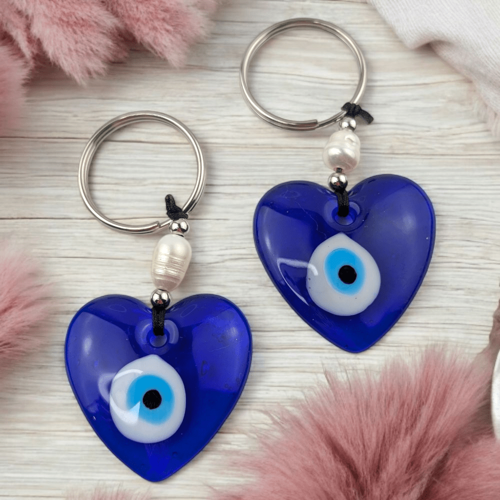 Heart-shaped blue evil eye keyring