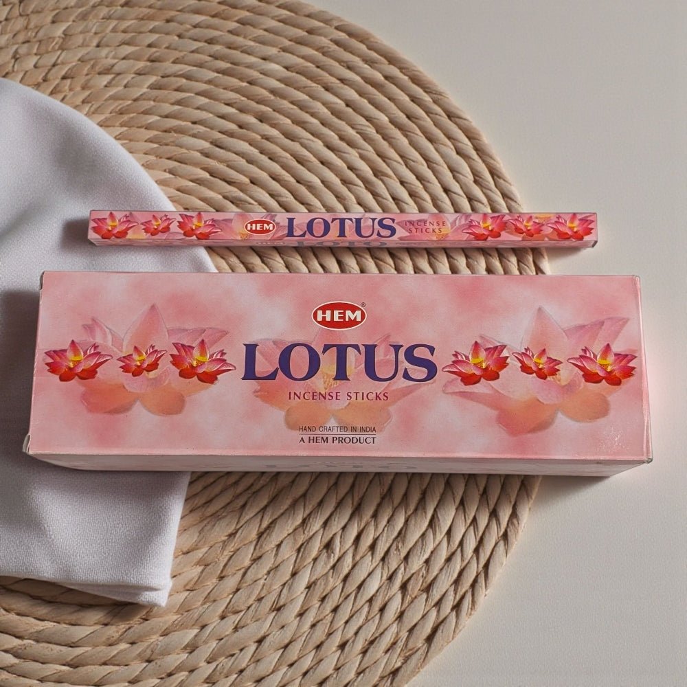 Hem Lotus incense sticks packaging on a woven mat available at a crystal store near me