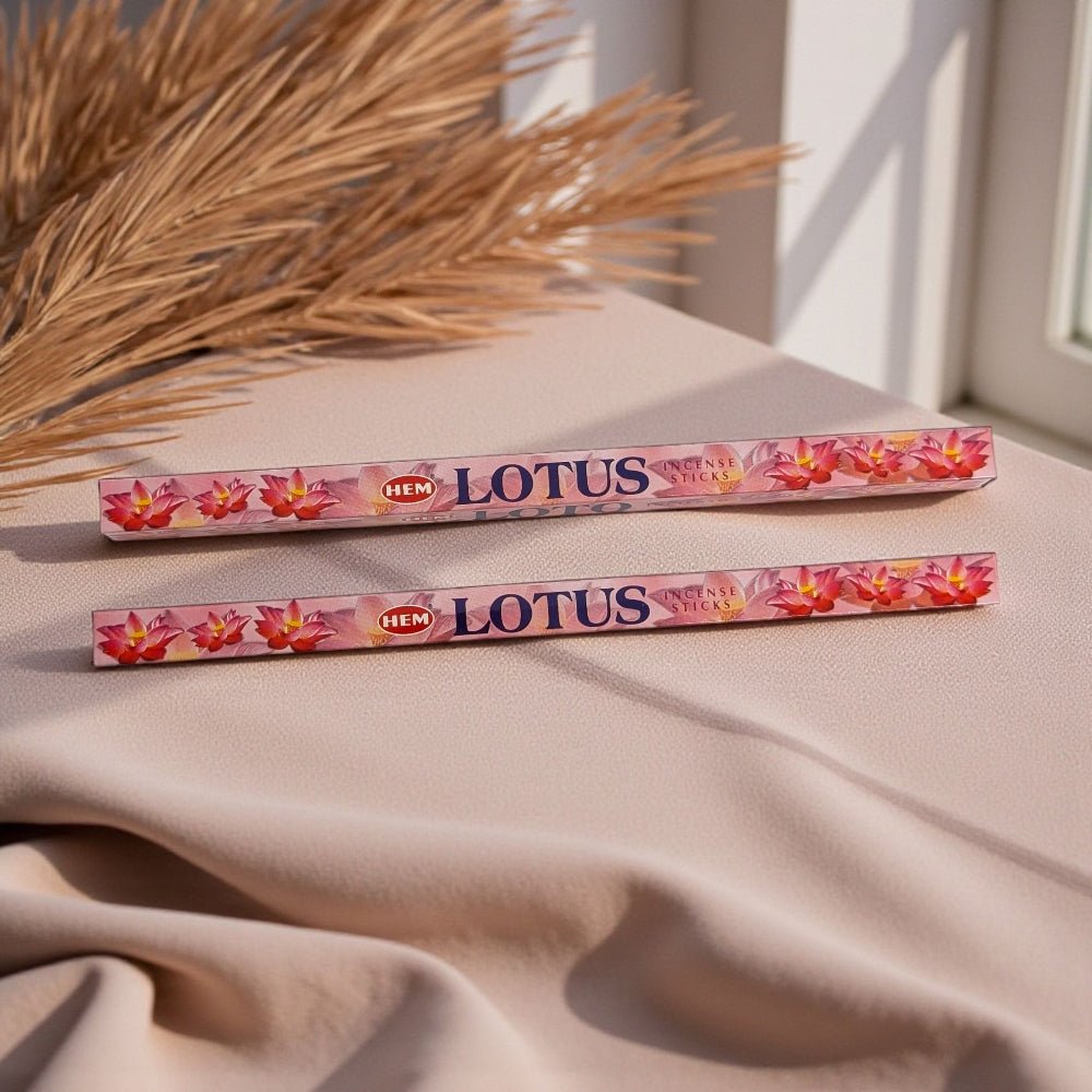 Two packs of HEM Lotus incense on a beige surface with dried plants in the background. available at zen collection metaphysical store near me