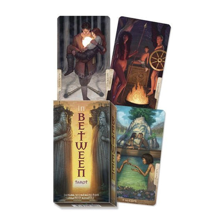 In Between Tarot Kit box at an angle, with three cards