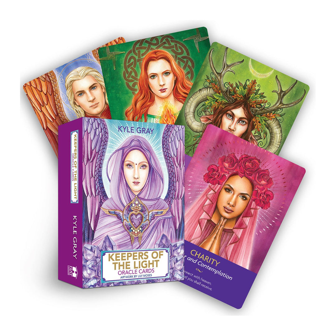 Keepers of the Light Oracle Cards deck box by Kyle Gray, with the Charity card and four more cards