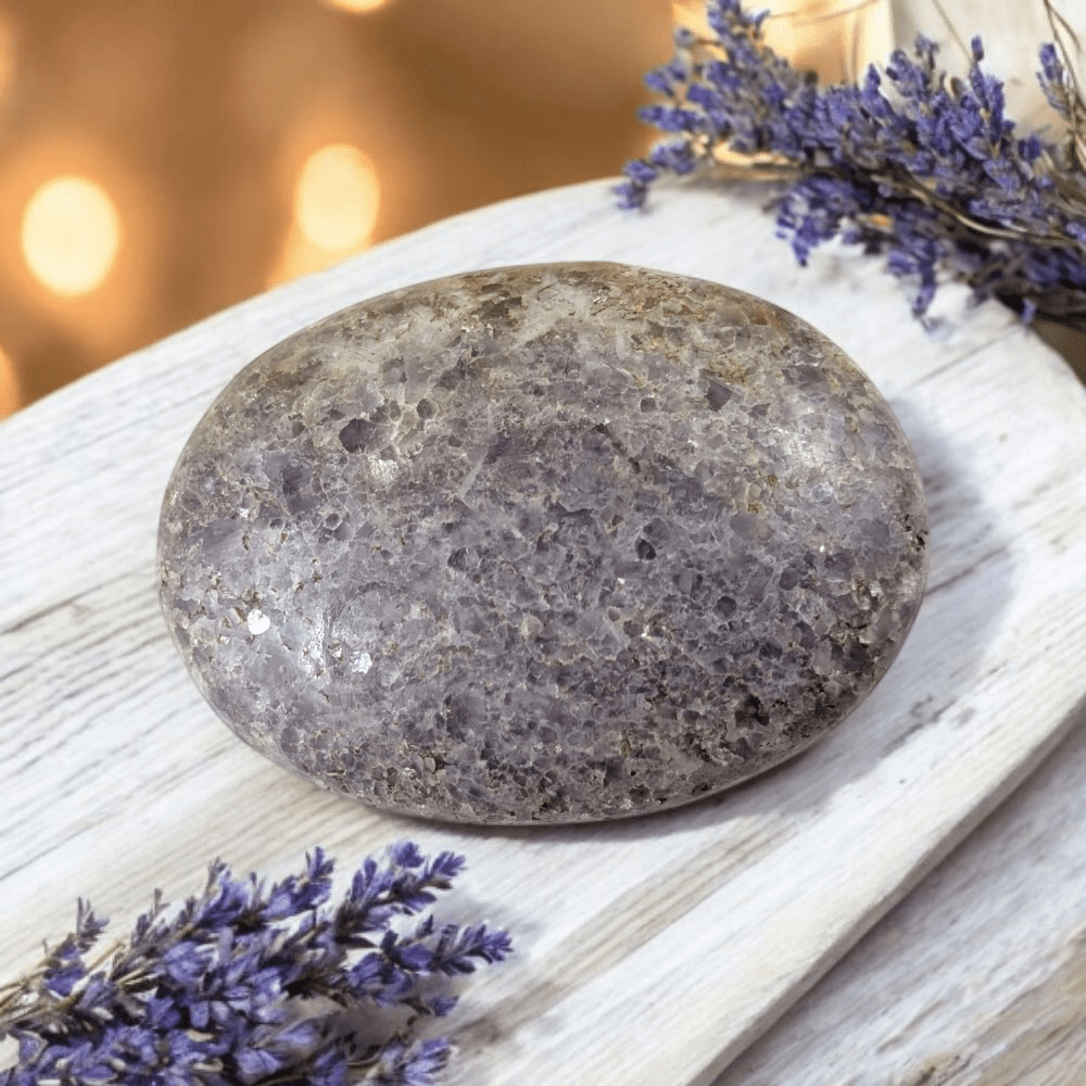 Lepidolite crystal palm stone with lithium content

