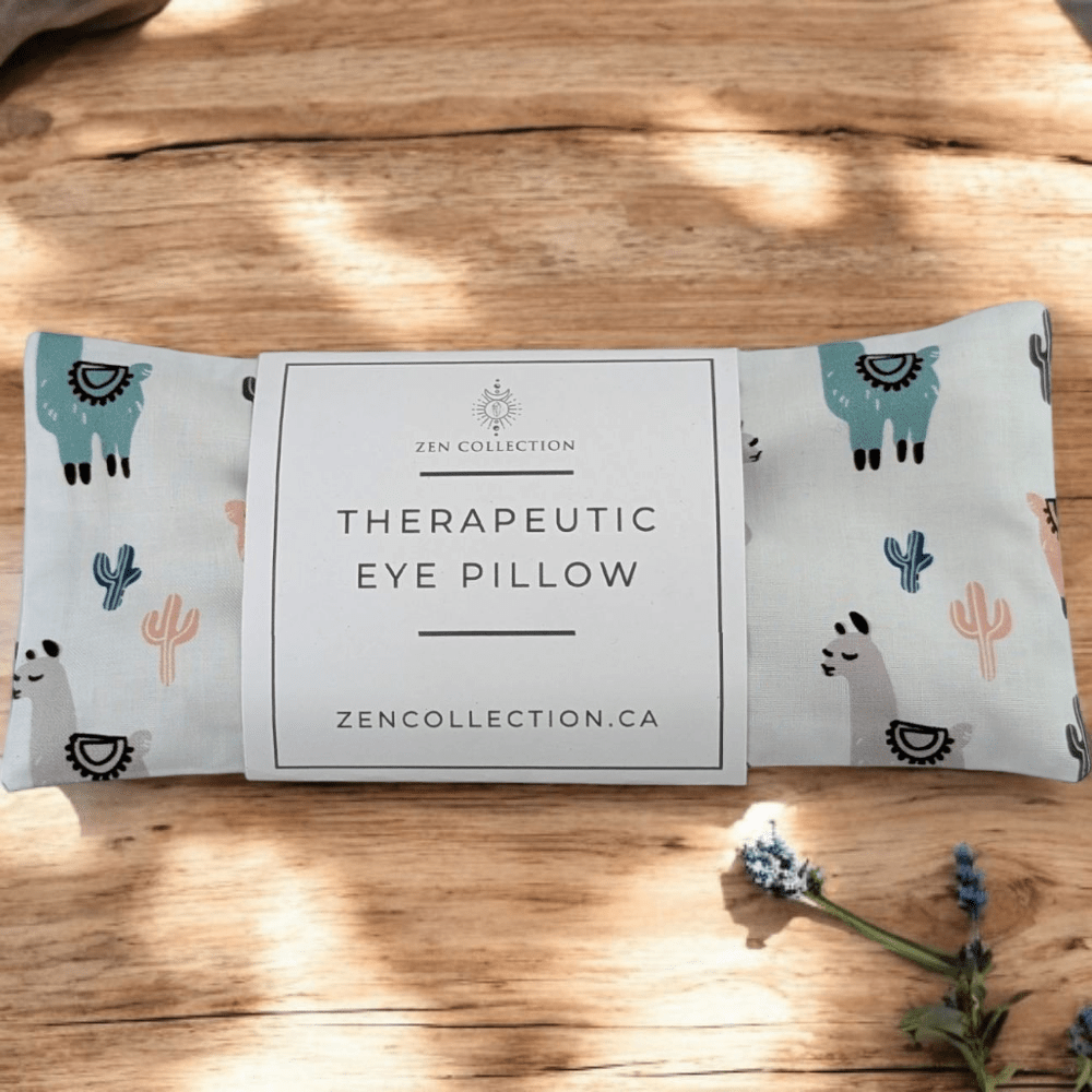Llama Drama Eye Pillow laid flat on neutral surface