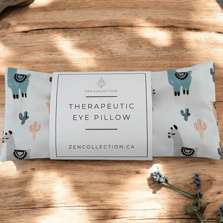 Llama Drama Eye Pillow laid flat on neutral surface