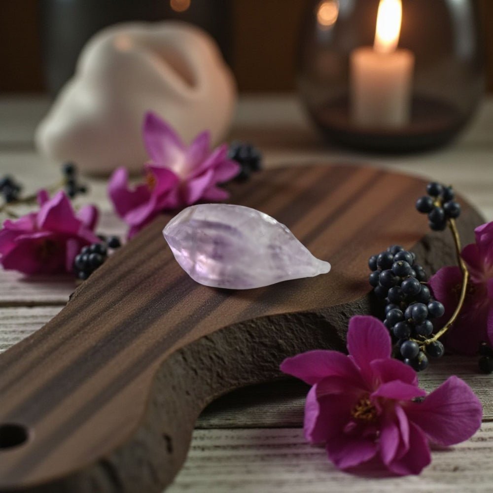 Wooden board with a pink crystal, purple flowers, and blackberries on a wooden surface with a blurred candle in the background. available at zen collection  crystal store in barrie