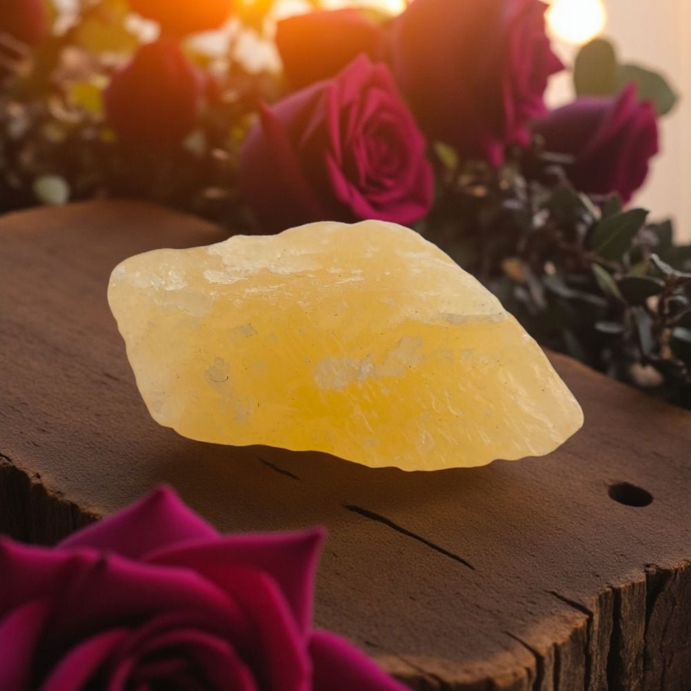 Orange Calcite crystal on a wooden surface with pink roses in the background the witch's crystal set is available at Zen Collection crystal store in barrie ontario