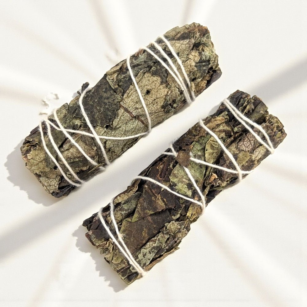 Two bundles of black sage bundles  tied with white string on a white background available at metaphysical store in barrie