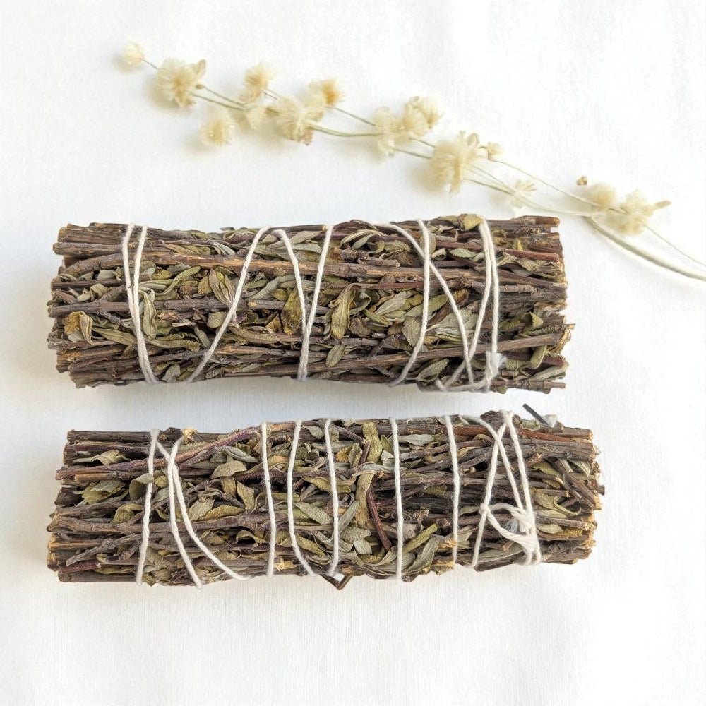Two bundles of royal sage tied with twine on a white background available at Barrie crystal store near me