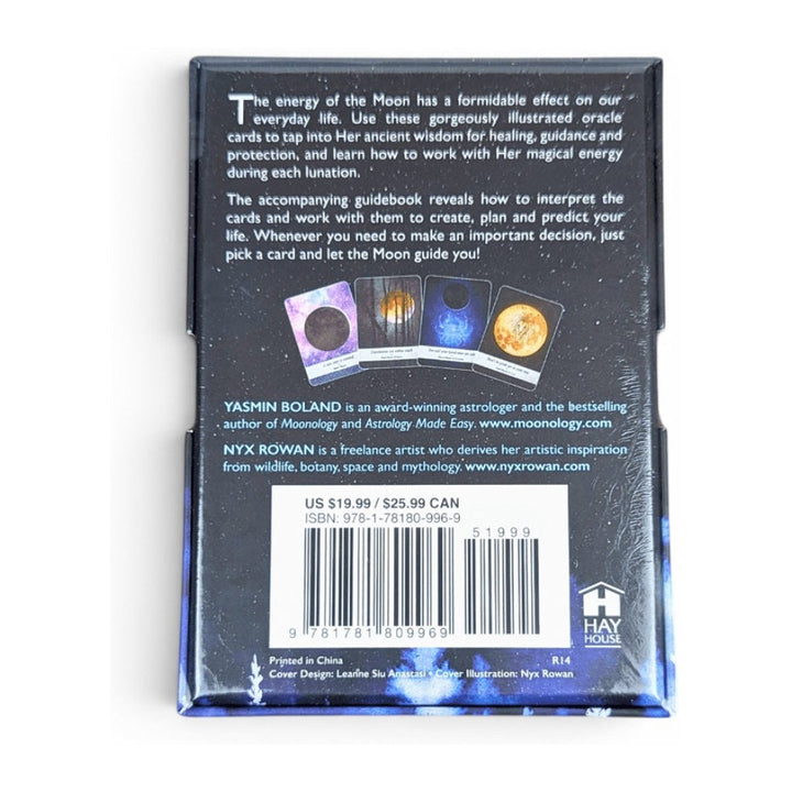 Back of the Moonology Oracle Cards box, with four sample cards