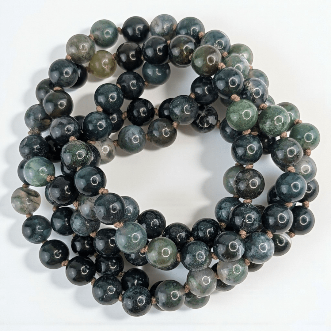 moss agate meditation mala with 108 beads for universal connection available at zen collection crystal store in barrie