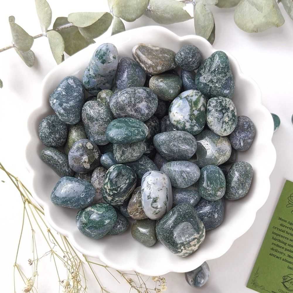moss agate crystal tumbles for new beginnings available at a crystal store near me in Barrie!