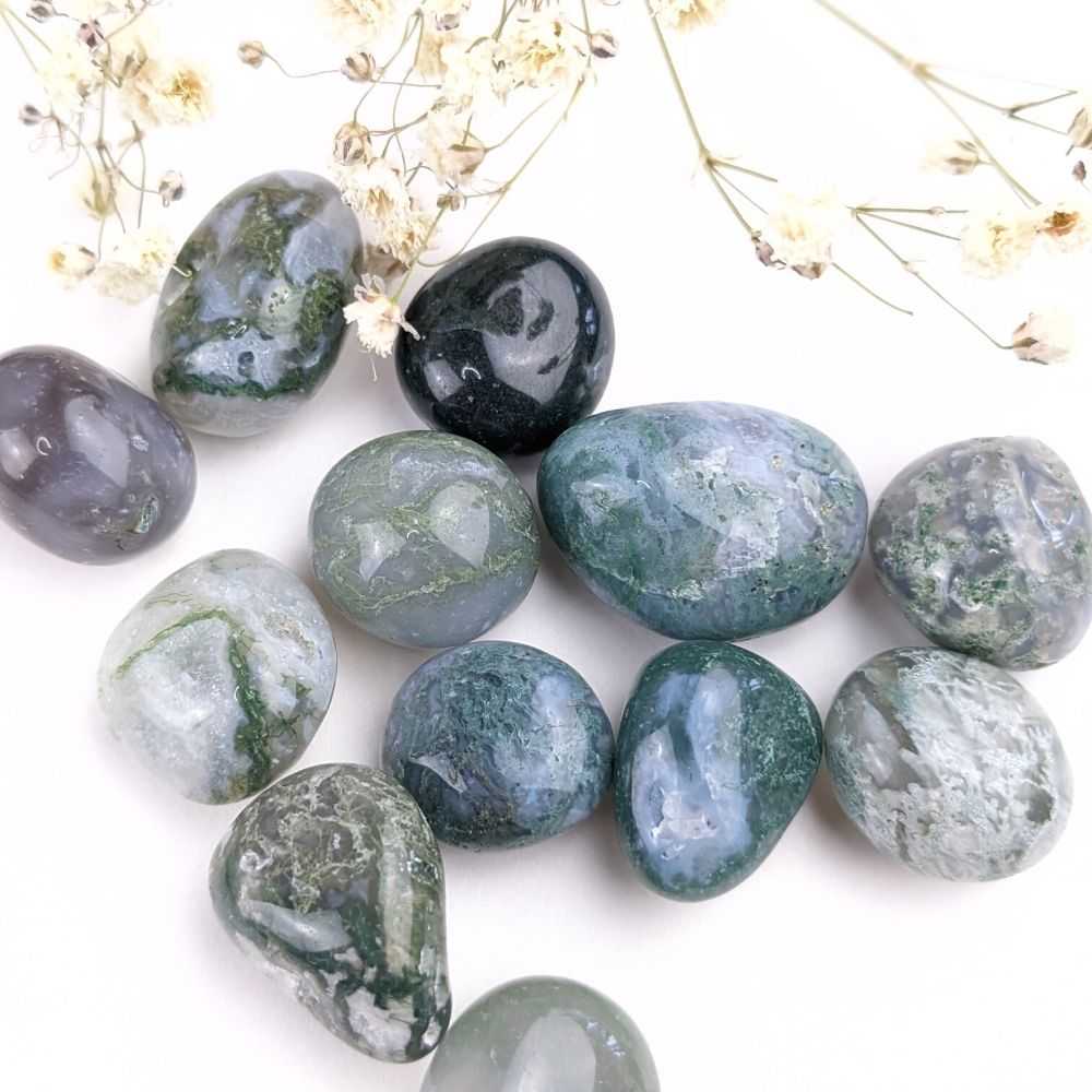 moss agate crystal tumbles for new beginnings available at a crystal store near me in Barrie!