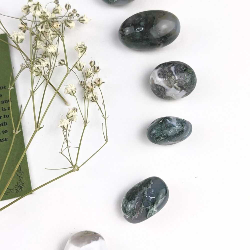 moss agate crystal tumbles for new beginnings available at a crystal store near me in Barrie!
