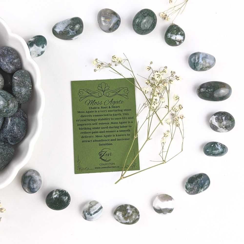 moss agate crystal tumbles for new beginnings available at a crystal store near me in Barrie!