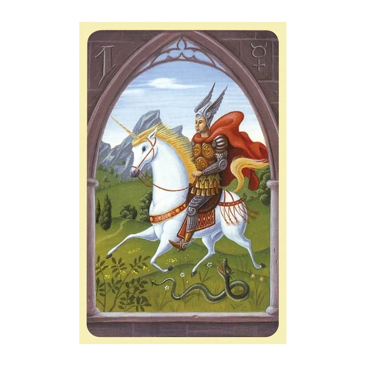 Card 1 from the Mystical Lenormand, showing a knight on a white horse