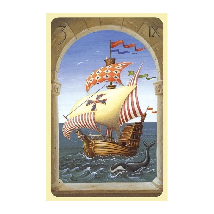 Card 3 from the Mystical Lenormand, showing a sailing ship