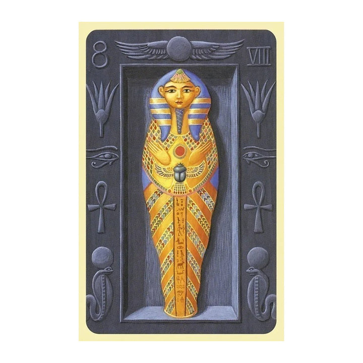Card 8 from the Mystical Lenormand, showing a golden sarcophagus