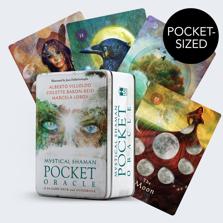 Mystical Shaman Pocket Oracle Cards tin by Alberto Villoldo, Colette Baron-Reid and Marcela Lobos, with The Moon card