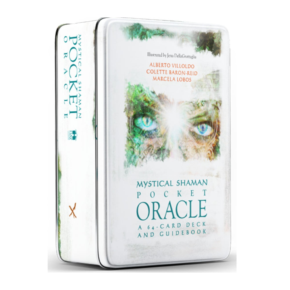 Mystical Shaman Pocket Oracle Cards tin, showing a pair of eyes in green foliage