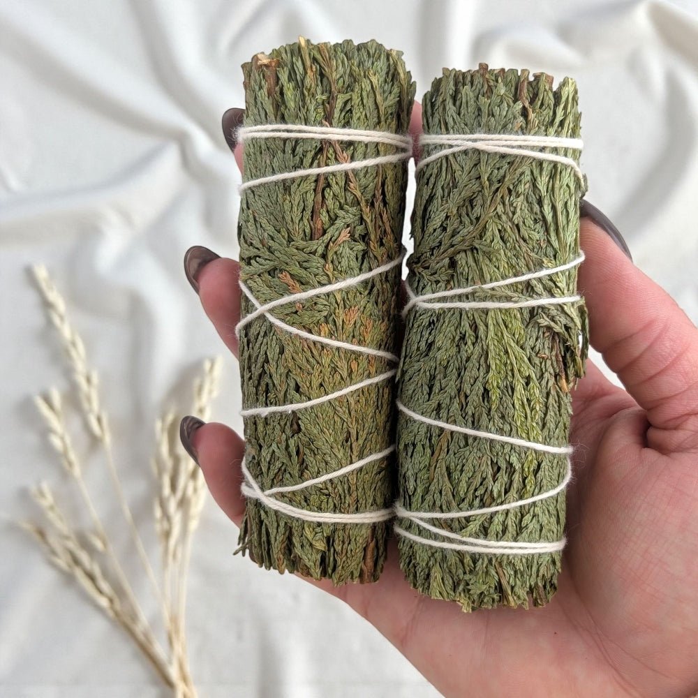 Two bundles of cedar tied with white string held in a hand against a light background. available at zen collection crystal store in barrie
