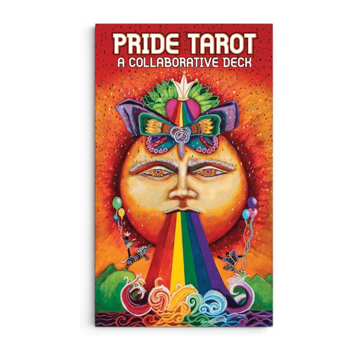 Pride Tarot box front, a collaborative deck, with a rainbow sun face