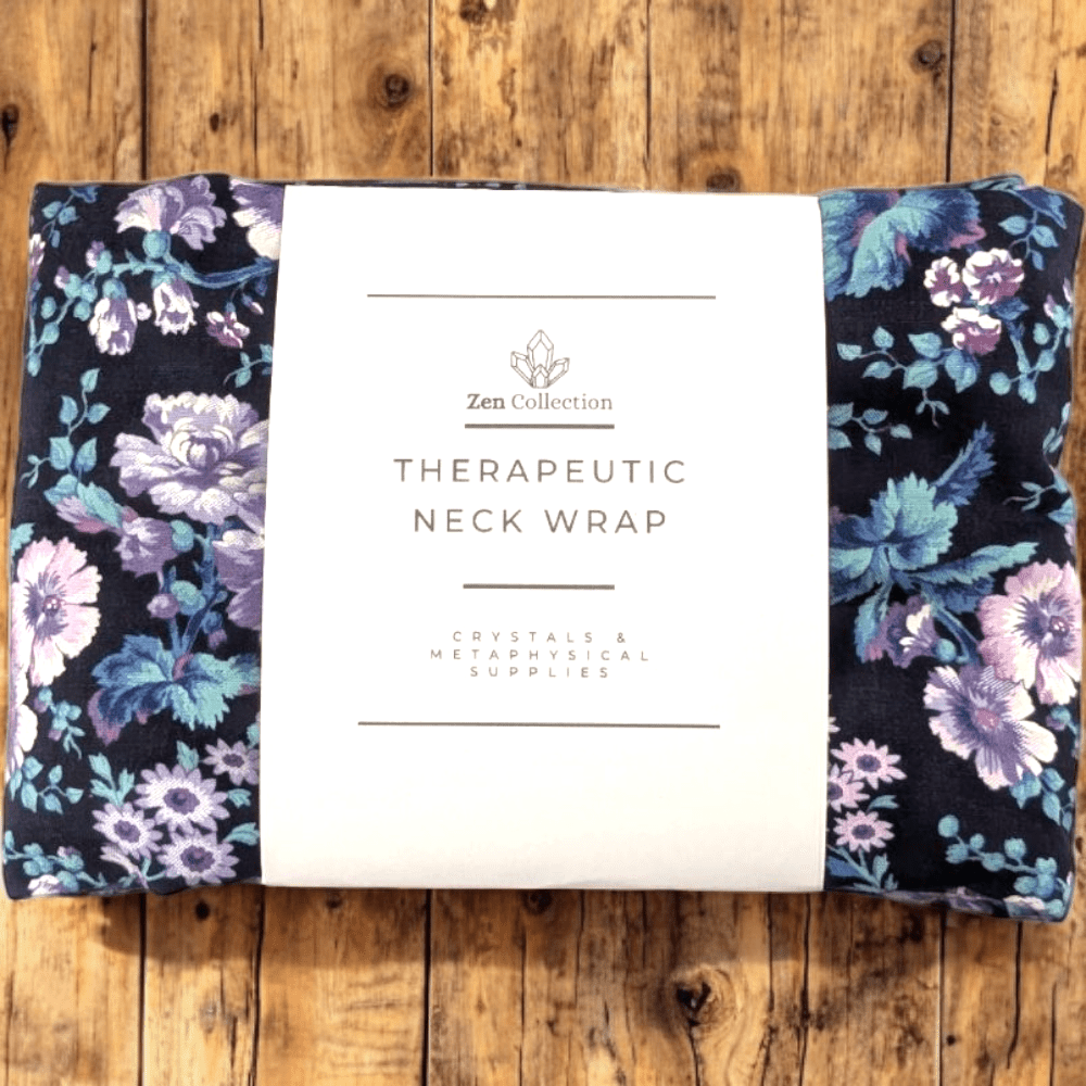 Purple Floral Weighted Neck Wrap laid on white surface