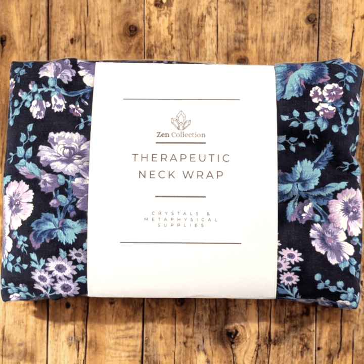 Purple Floral Weighted Neck Wrap laid on white surface