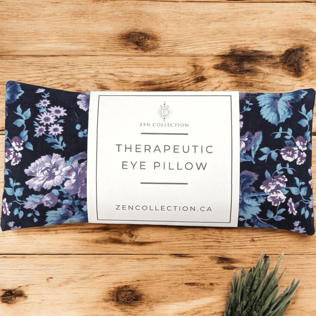 Purple Floral Eye Pillow resting on a soft background