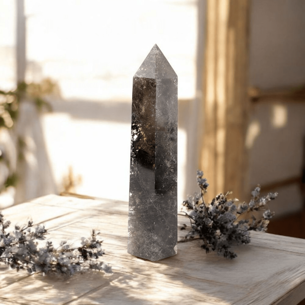 Large crystal tower with natural smoky inclusions