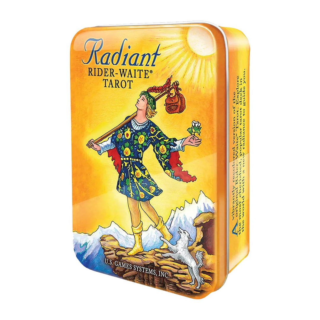 Radiant Rider-Waite in a Tin tarot deck, with The Fool on the lid