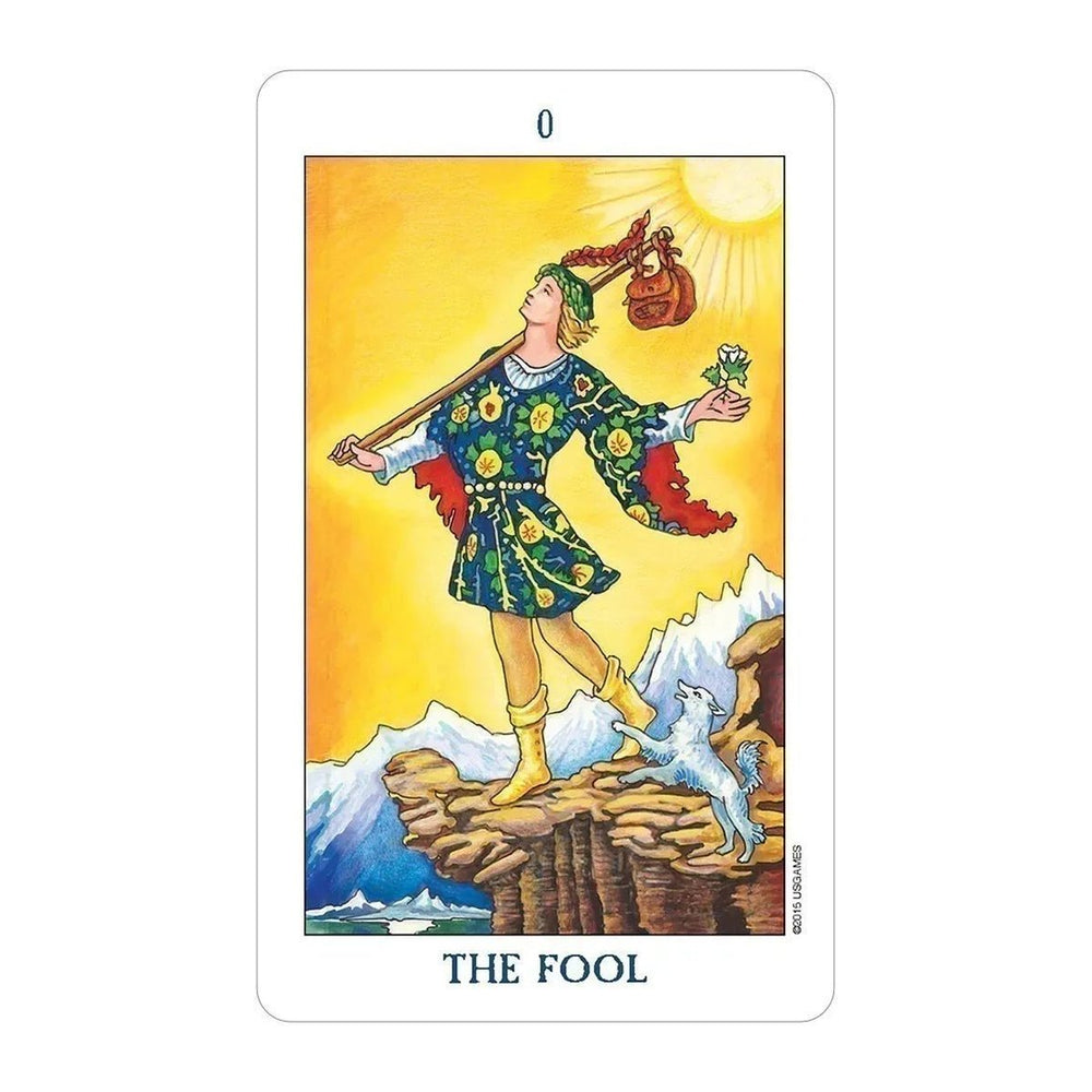 The Fool card from the Radiant Rider-Waite in a Tin tarot deck